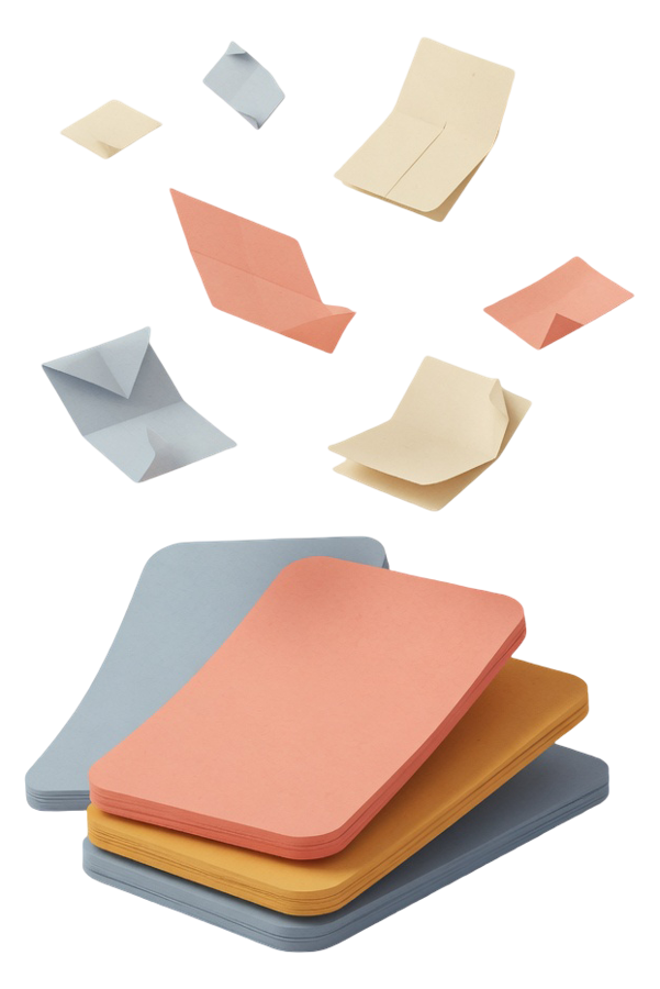 Loose paper notes falling into three neat stacks of coloured cards.